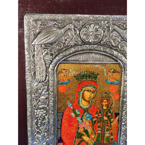 Ексклюзивна ікона Божа Матір Нев'янучий Цвіт ручний розспис на холсті, срібло та позолота розмір 16 Х 20 см E 19 фото