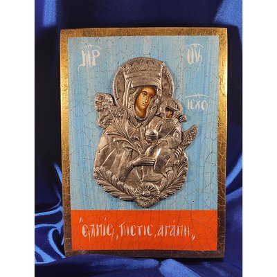 Ексклюзивна ікона на старовинній дошці Божа Матір Нев'янучий Цвіт ручний розпис у сріблі та позолота розмір 18 Х 25 см E 22 фото