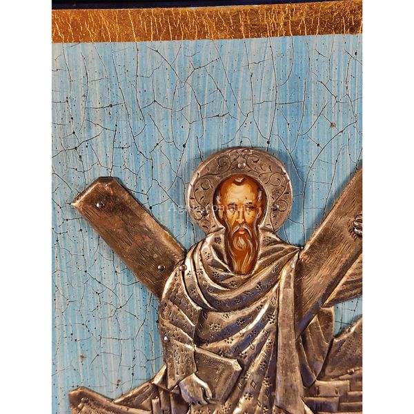 Ексклюзивна ікона на старовинній дошці Святий Апостол Андрій Первозваний ручний розпис у сріблі та позолота розмір 18 Х 25 см E 25 фото
