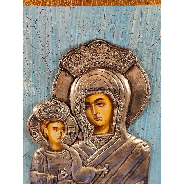 Ексклюзивна ікона на старовинній дошці Божа Матір Одигітрія ручний розпис у сріблі та позолота розмір 16,5 Х 25,2 см E 26 фото