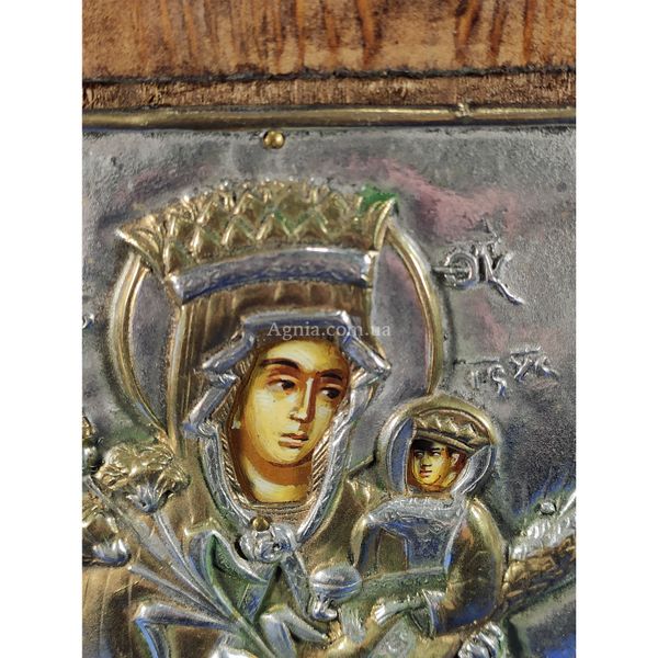 Ексклюзивна ікона на старовинній дошці Божа Матір Нев'янучий Цвіт ручний розпис у сріблі та позолота розмір 14 Х 18 см E 33 фото