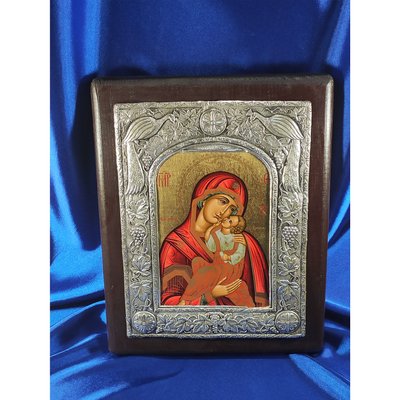Эксклюзивная икона Божьей Матери Взыграние Младенца ручная роспись на холсте, серебро и позолота размер 23,5 Х 30 см E 08 фото
