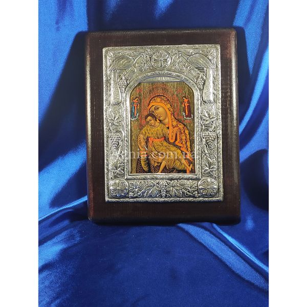 Ексклюзивна ікона Кікська Божа Матір ручний розспис на холсті, срібло та позолота розмір 20 Х 25 см E 15 фото