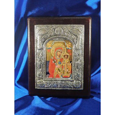 Ексклюзивна ікона Божа Матір Нев'янучий Цвіт ручний розспис на холсті, срібло та позолота розмір 20 Х 25 см E 16 фото