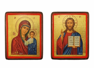 Писаная икона венчальная пара Иисус Христос и Божья Матерь Казанская 10 Х 13 см m 85 фото