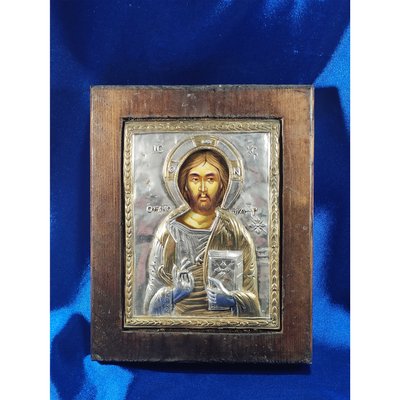 Ексклюзивна ікона на старовинній дошці Спаситель Ісус Христос ручний розпис у сріблі та позолота розмір 14,5 Х 18 см E 31 фото