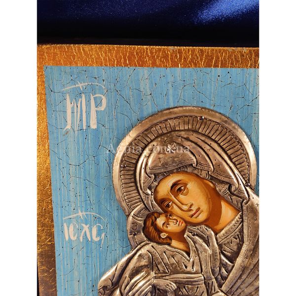 Ексклюзивна ікона на старовинній дошці Божа Матір Глікофілуса ручний розпис у сріблі та позолота розмір 17 Х 25 см E 23 фото