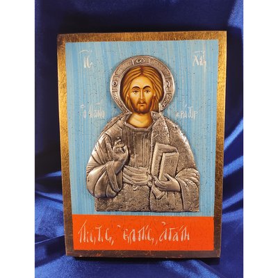 Эксклюзивная икона на старинной доске Спаситель Иисус Христос ручная в серебре и позолота размер 17,8 Х 24,8 см E 24 фото