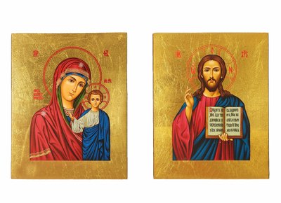 Писана ікона вінчальна пара Ісус Христос та Божа Матір Казанська 19 Х 26 см m 170 фото