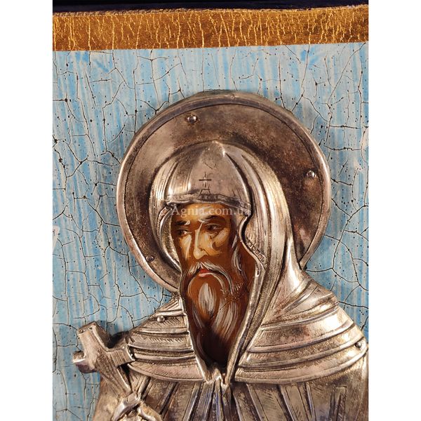 Ексклюзивна ікона на старовинній дошці Святий Преподобний Антоній Великий ручний розпис у сріблі та позолота розмір 17 Х 25 см E 27 фото