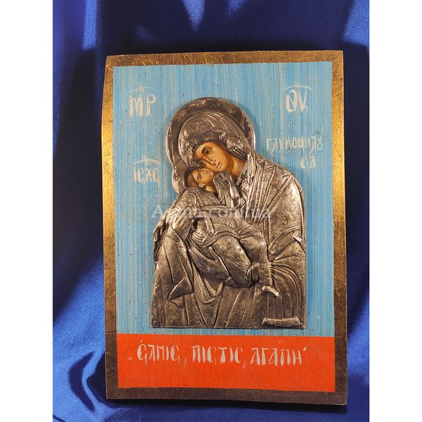 Ексклюзивна ікона на старовинній дошці Божа Матір Глікофілуса ручний розпис у сріблі та позолота розмір 20 Х 29 см E 30 фото