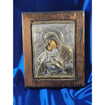 Ексклюзивна ікона на старовинній дошці Божа Матір Глікофілуса ручний розпис у сріблі та позолота розмір 14,2 Х 18 см E 32 фото